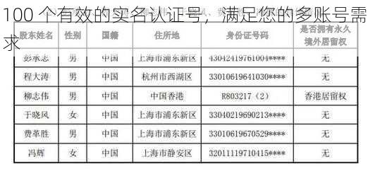 100 个有效的实名认证号,满足您的多账号需求